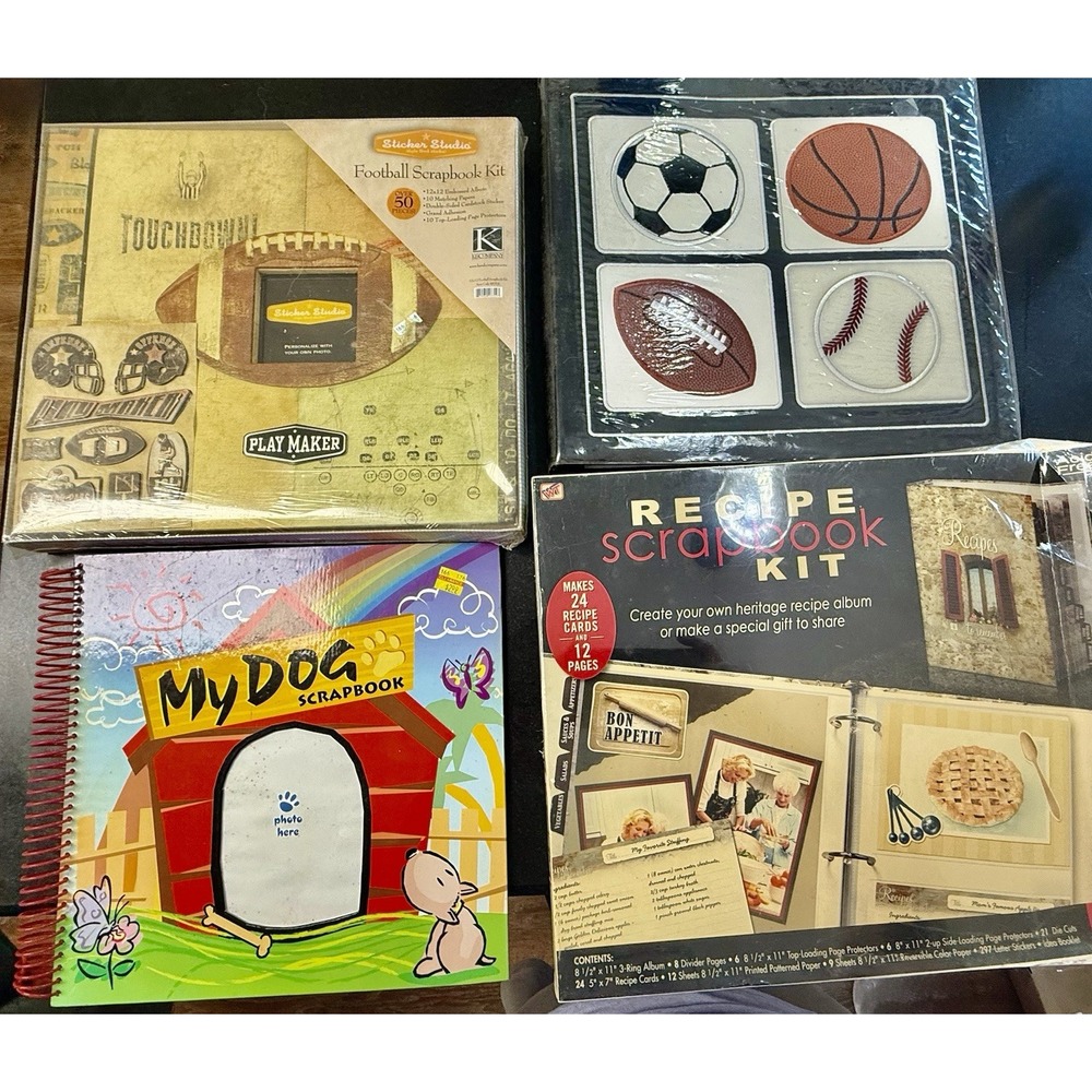 Scrapbook Kit Lot of 4 Football Sports Recipe Dog Themed Albums VTG NOS